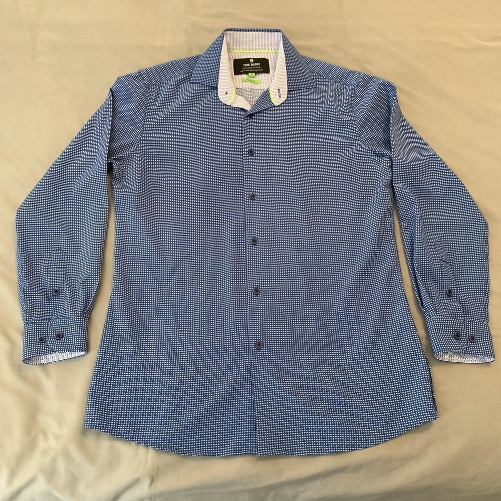 Tom Baine Dress Shirt Mens Small Blue Slim Fit Stretch Wrinkle Free Long Sleeve